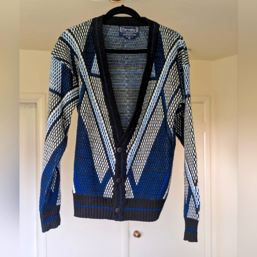 Barnaby Vintage Blue and White Geometric Cardigan Medium